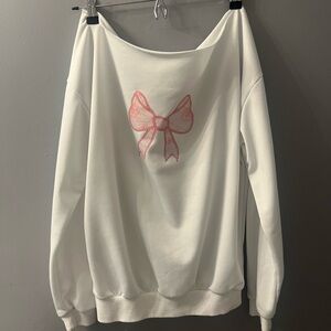 Source Unknown Off-the-Shoulder White Sweater with Pink Bow
